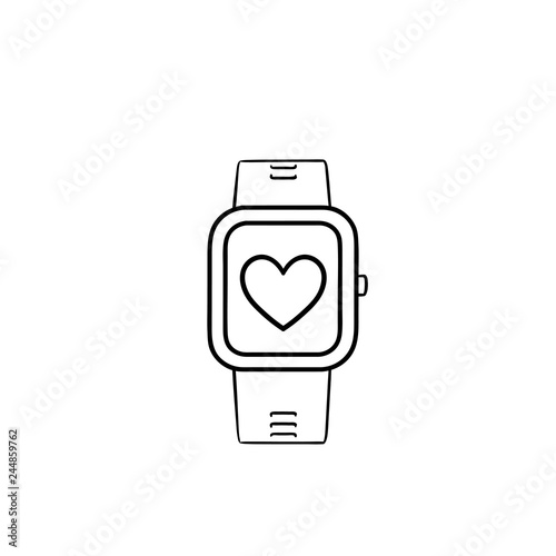 Smartwatch with heart hand drawn outline doodle icon. Fitness watch and healthcare, modern gadget concept. Vector sketch illustration for print, web, mobile and infographics on white background.