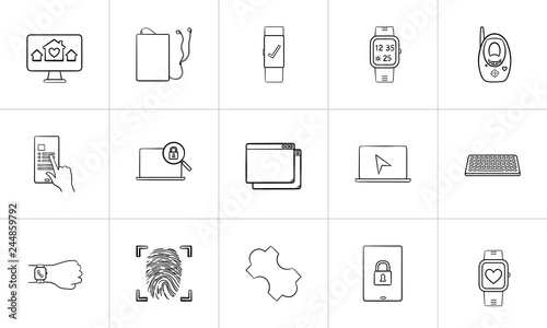 Technology, gadget hand drawn outline doodle icon set. Outline doodle icon set for print, web, mobile and infographics. Smart watch, laptop vector sketch illustration set isolated on white background.