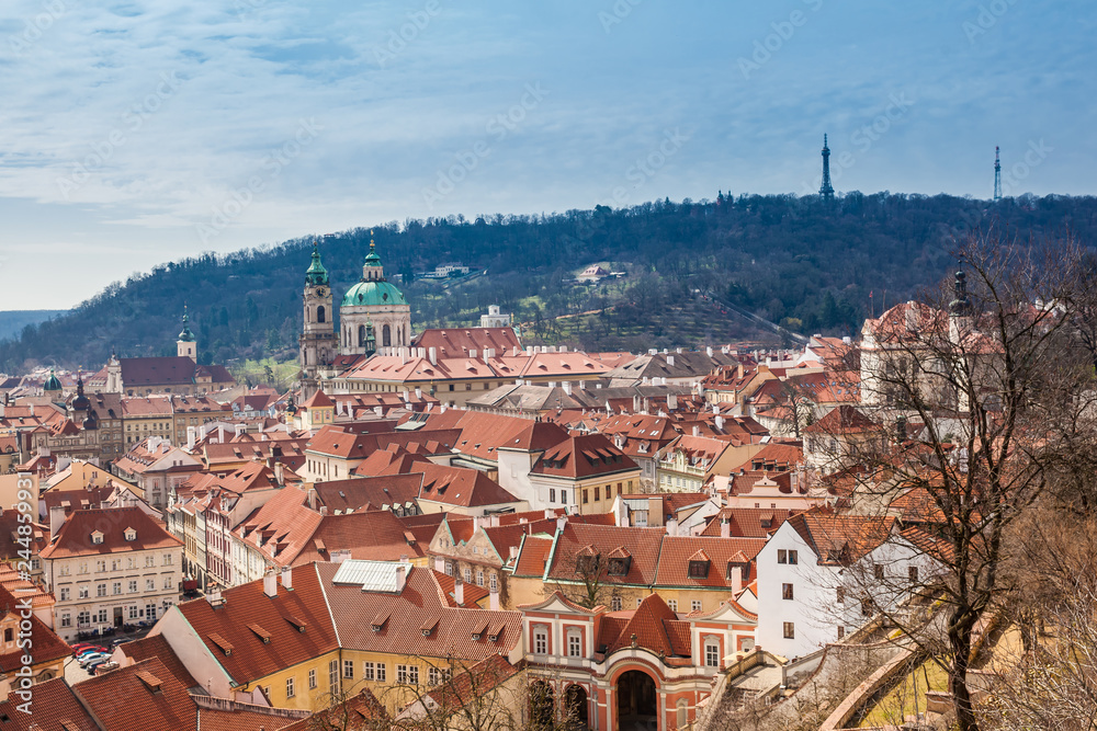 The beautiful Prague city old town seen form the Prague Castle viewpoint in an early spring day