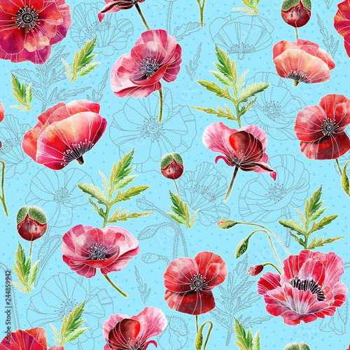 A seamless pattern design consisting of poppy flowers  hand-drawn in watercolor. Realistic painting. Design for wallpaper  textile or wrapping paper.