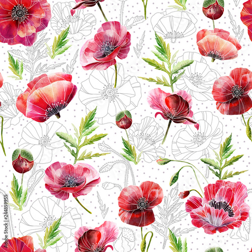 A seamless pattern design consisting of poppy flowers, hand-drawn in watercolor. Realistic painting. Design for wallpaper, textile or wrapping paper.