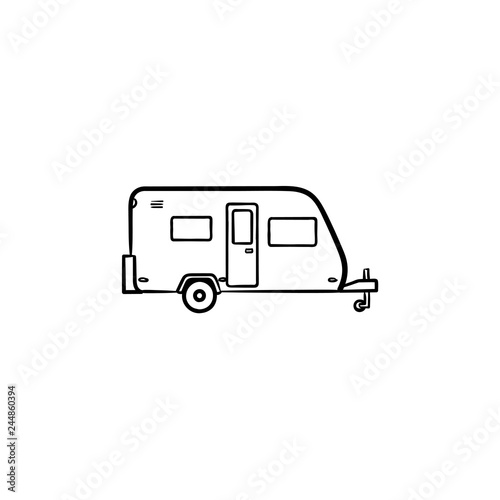 Camper hand drawn outline doodle icon. Camping trailer, vacation and travel, tourism and journey concept. Vector sketch illustration for print, web, mobile and infographics on white background.