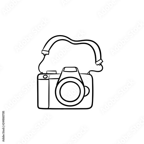 Photo camera hand drawn outline doodle icon. Photography and capture, holiday photos, digital equipment concept. Vector sketch illustration for print, web, mobile and infographics on white background.