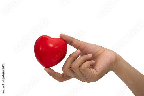 The red heart shape on woman hand.