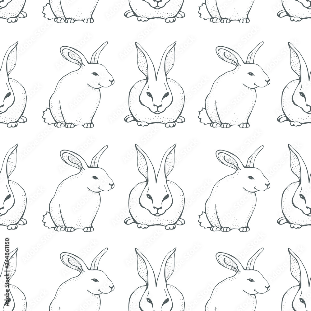 Fototapeta premium Seamless pattern with cute hand drawn rabbits isolated on white. Vector template for textiles, wrapping paper, greeting card, invitation. Happy Easter background.