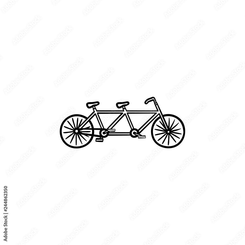 Double bicycle hand drawn outline doodle icon. Tandem bike, pleasure travel and ecological transport concept. Vector sketch illustration for print, web, mobile and infographics on white background.