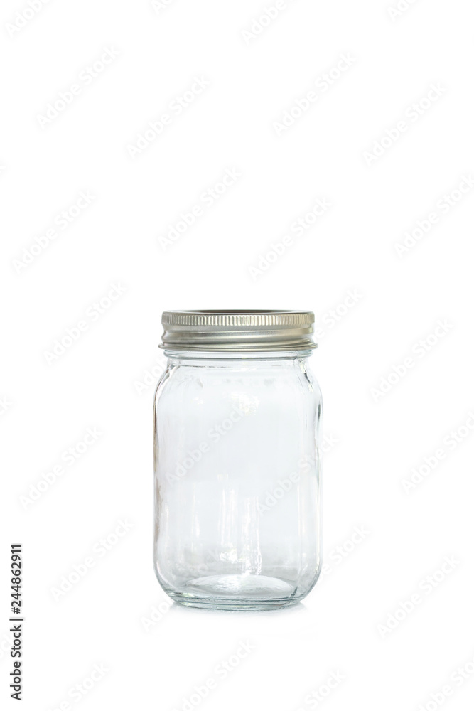 Empty jar of silver cap is open on a white background.