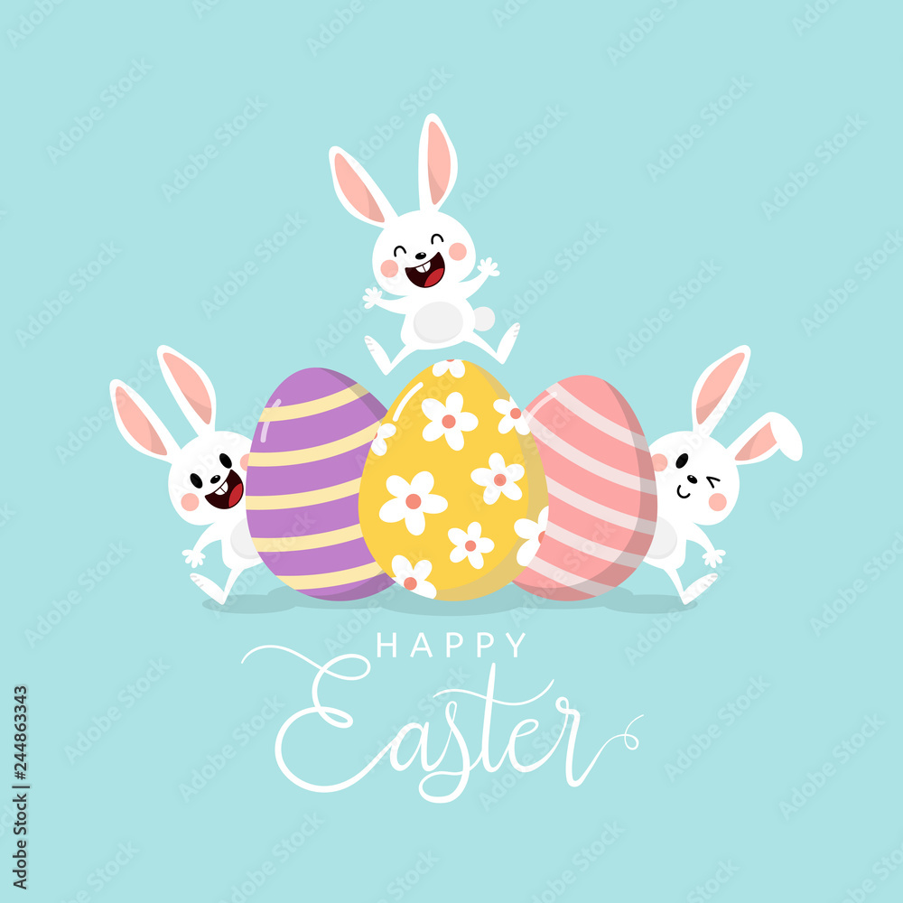 Happy Easter greeting card with cute white bunny and eggs. Welcome spring season with rabbit. Animal wildlife holiday cartoon character. -Vector. Happy Easter greeting card with cute white bunny and eggs. Welcome spring season with rabbit. Animal wildlife holiday cartoon character. -Vector.