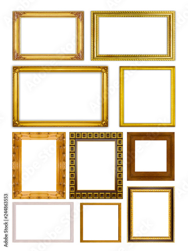 Set collection golden frame and wood frame isolated on white background