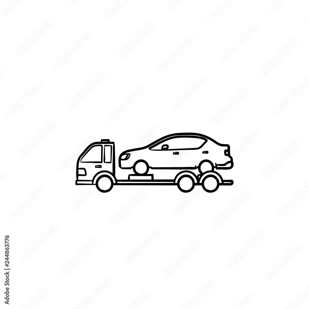 Tow truck with broken car hand drawn outline doodle icon. Roadside assistance, car transportation concept. Vector sketch illustration for print, web, mobile and infographics on white background.