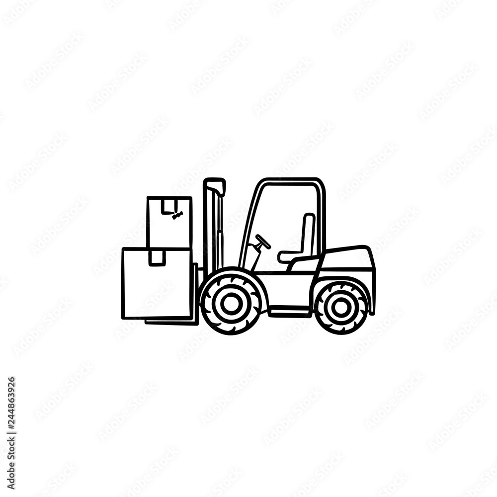 Warehouse forklift truck with cardboard boxes hand drawn outline doodle icon. Loader, warehouse vehicle concept. Vector sketch illustration for print, web, mobile and infographics on white background.