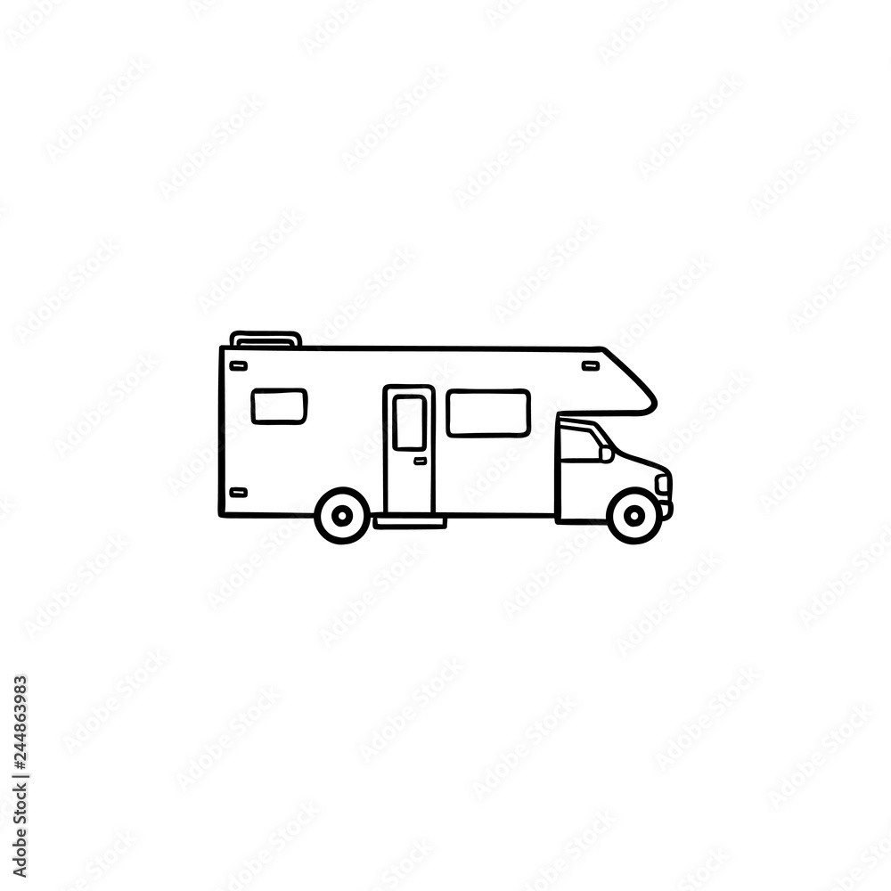 Recreational vehicle hand drawn outline doodle icon. Motorhome and rv
