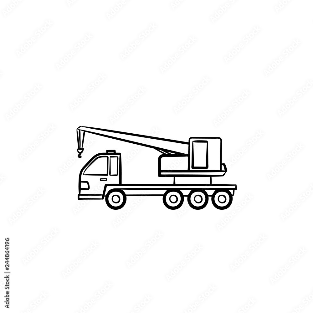 Crane truck hand drawn outline doodle icon. Construction and mobile crane, load and lifting equipment concept. Vector sketch illustration for print, web, mobile and infographics on white background.