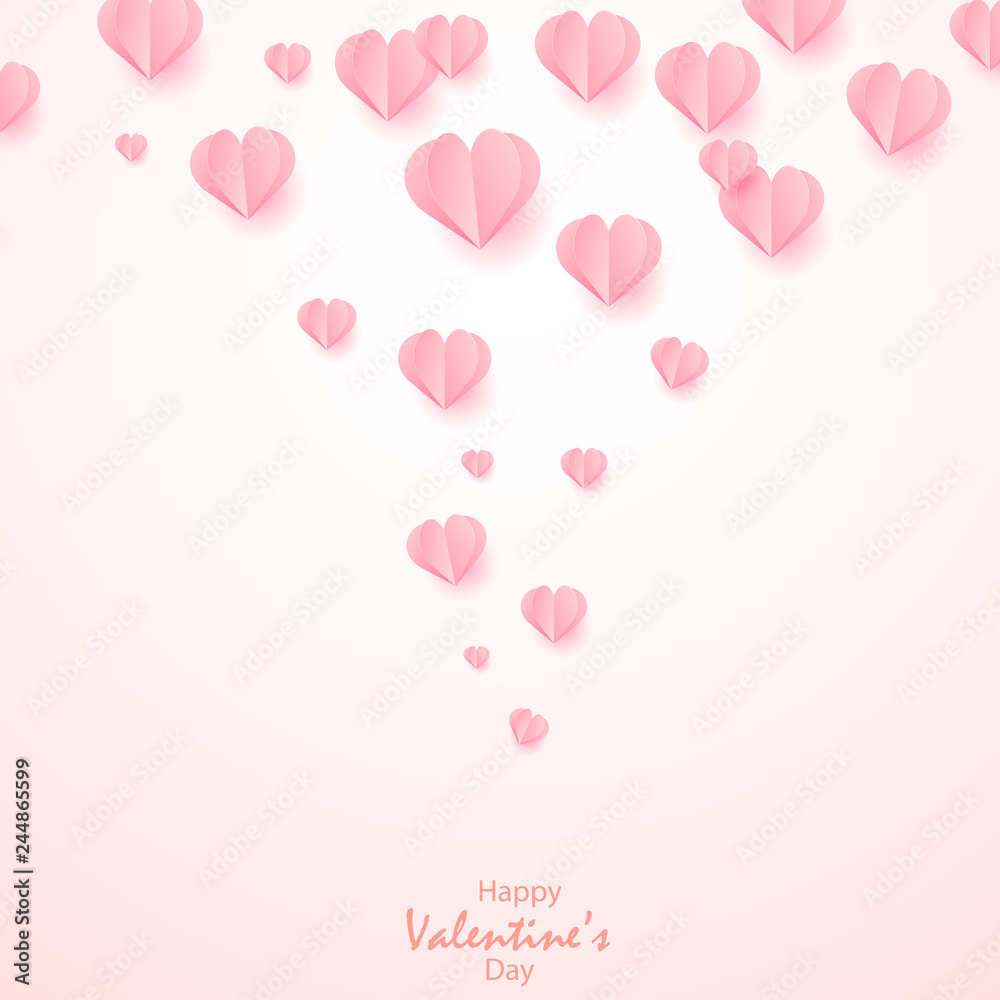 Happy valentines day greetings card with paper cut pink hearts flying. Vector.