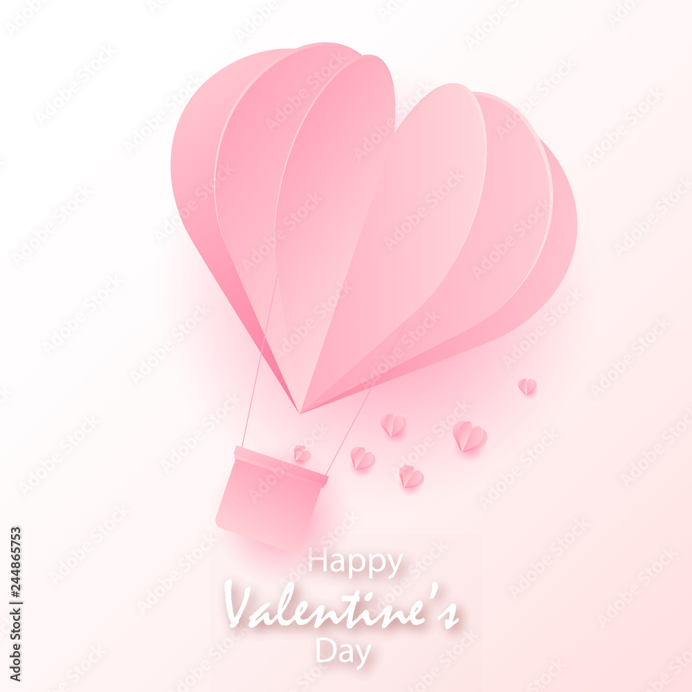 Happy Valentine's Day greeting card with flying paper cut pink hearts. Vector