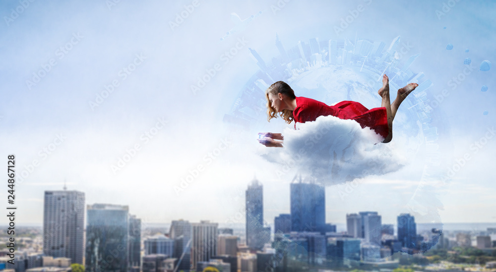 Woman fly in air and use mobile. Mixed media Woman fly in air and use mobile. Mixed media