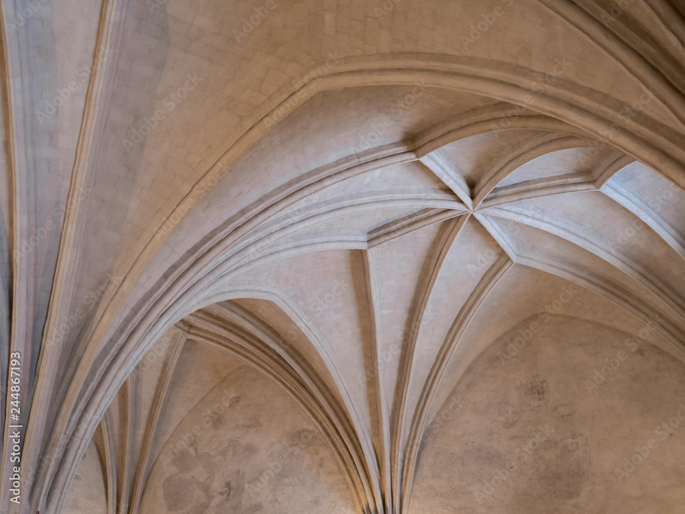 Gothic ceiling detail from a medieval castle. Upwards wide angle shot.
