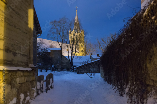 Old city town, houses and night lights. Travel urban street photo 2019. photo