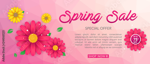 Spring sale banner template with beautiful colorful flower on pink background, for shopping sale. banner design. Poster, card, web banner. Vector illustration
