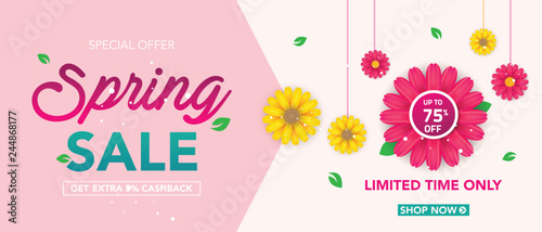 Spring sale banner template with beautiful colorful flower on pink background, for shopping sale. banner design. Poster, card, web banner. Vector illustration
