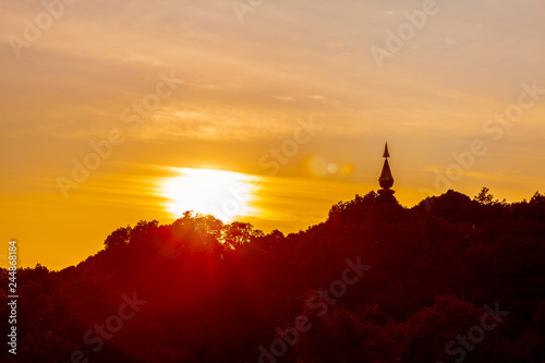 sunset on Phra Mahathat Nopamethaneedol And Phra Mahathat Nopaphon Phum Siri Located at the top of Doi Inthanon Chiang Mai Thailand.