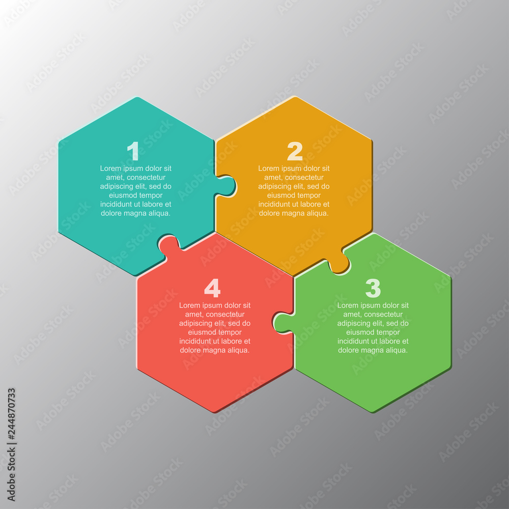 Four piece step jigasw puzzle hexagon infographic