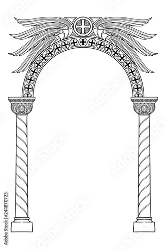 Early medieval Byzantine style round arch. Decorative motiff of Seraphim or cherubim wings on. Vertical orientation. Black linear drawing isolated on white background. EPS10 vector illustration