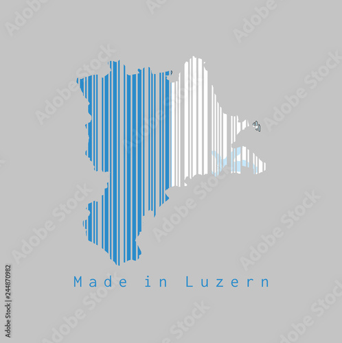 Barcode set the shape to Lucerne map outline and the color of Lucerne flag on grey background, text: Made in Luzern.