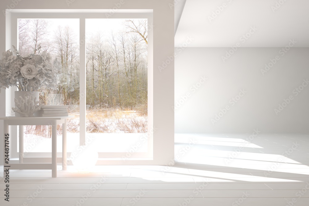 Fototapeta premium White stylish empty room with winter landscape in window. Scandinavian interior design. 3D illustration
