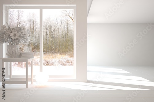 White stylish empty room with winter landscape in window. Scandinavian interior design. 3D illustration