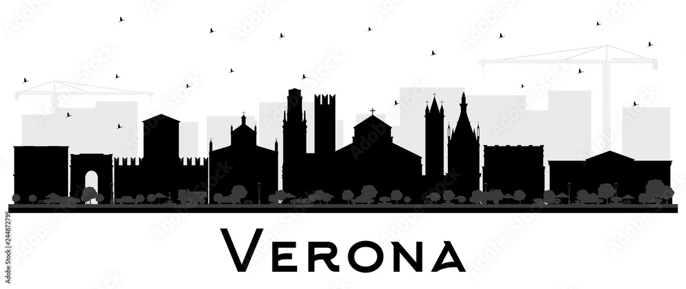 Verona Italy City Skyline Silhouette with Black Buildings Isolated on White.