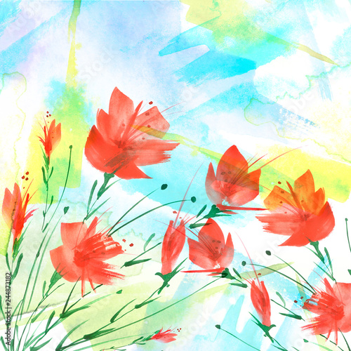 Watercolor bouquet of flowers  Beautiful abstract splash of paint  fashion illustration.Orchid flowers  poppy  cornflower  peony  rose  field or garden flowers. Watercolor abstract. Greeting card