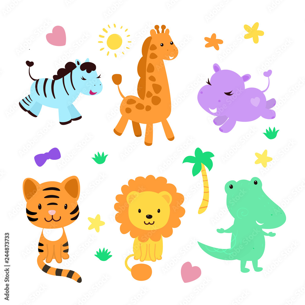 Naklejka premium Cute jungle animal collection with funny elements as palm tree, grass, star, heart, bow. Contains such characters as zebra, giraffe, hippo, tiger, lion, crocodile. 