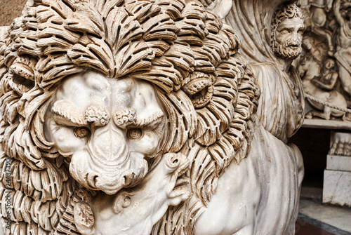 Marble sculpture of lion close-up. Fragment antique roman sculpture in Rome, Italy