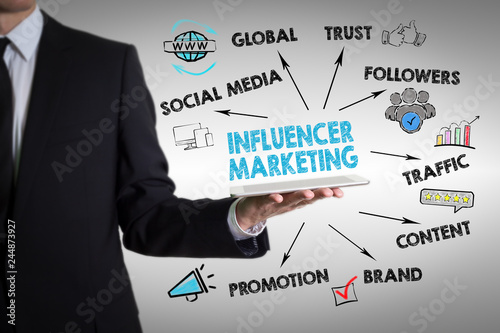 Influencer marketing concept. Chart with keywords and icons. Man holding a tablet computer