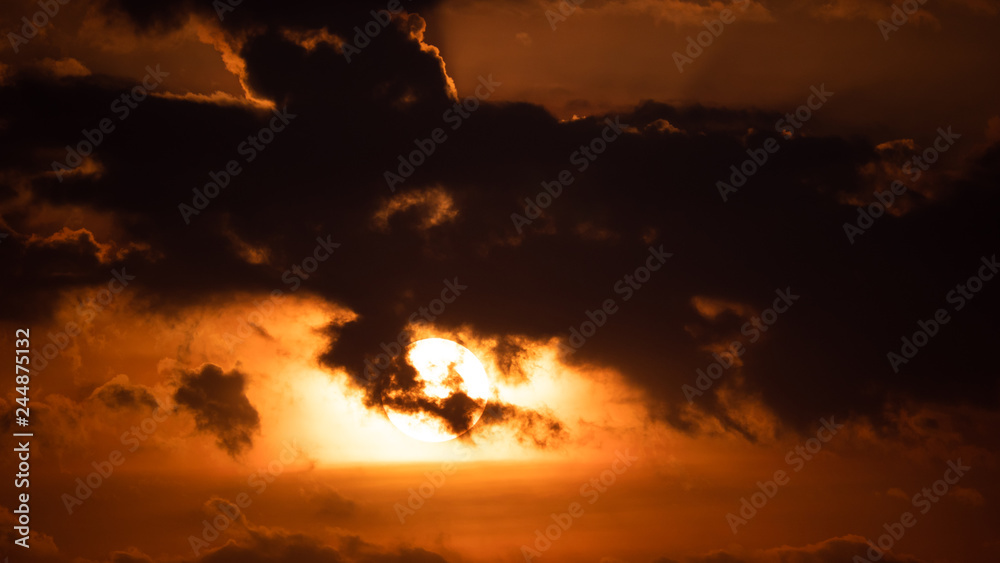 Sunset, sunrise with clouds. orange skies and sun
