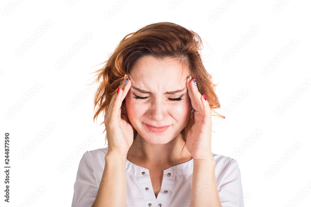 A young woman with a headache holding head, isolated on white background. Healthcare concept A young woman with a headache holding head, isolated on white background. Healthcare concept