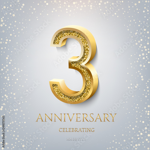 3rd Anniversary Celebrating golden text and confetti on light blue background. Vector celebration 3 anniversary event template.