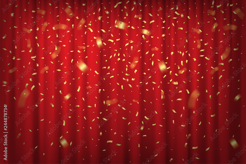 Falling golden confetti isolated on red curtain background. Vector festive background. - obrazy, fototapety, plakaty 