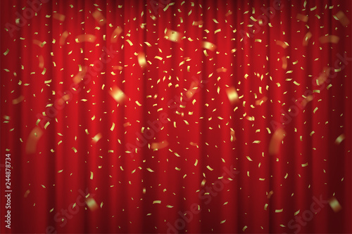 Falling golden confetti isolated on red curtain background. Vector festive background.