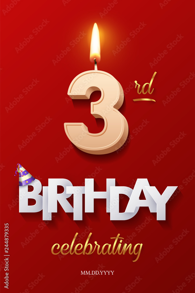 Burning Birthday candle in the form of number 3 figure and Happy Birthday celebrating text with party cane isolated on red background. Vector third Birthday invitation template.