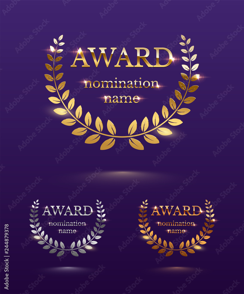 Naklejka premium Award design templates. Vector golden, silver and bronze award signs with laurel wreath isolated on blue background.