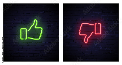 Green Thumbs up and red Thumbs down neon symbols isolated on dark brick background. Vector design elements.