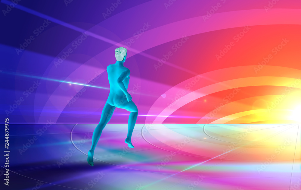 Man running in colorful background, hi-tech illustration