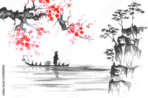 Fototapeta Naklejka Na Ścianę i Meble -  Japan Traditional japanese painting Sumi-e art Japan Traditional japanese painting Sumi-e art Man with boat
