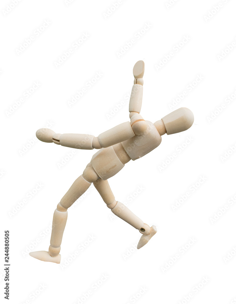 Falling accident concept. Wooden puppet act like slip down the floor on white background. Falling accident concept. Wooden puppet act like slip down the floor on white background.