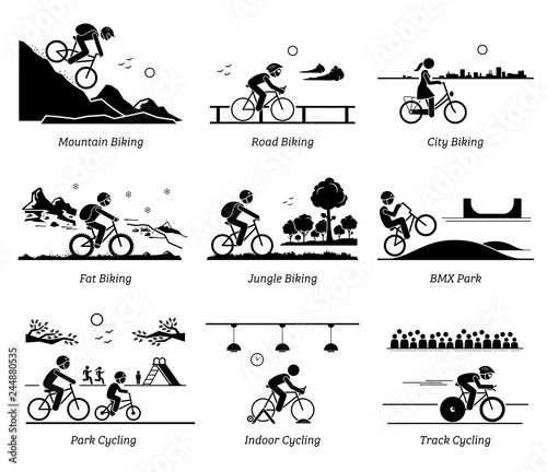 Cyclist cycling and riding bicycle in different places. Pictograms depict biking at mountain, road, city, ice, jungle, BMX, park, indoor, and track.