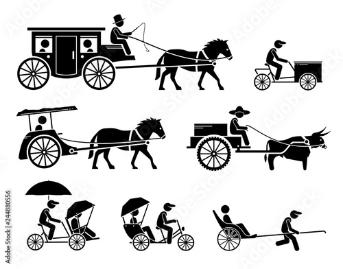 Set of traditional, old, and ancient ground transportations. Pictograms depict dokar, dogcart, horse carriage car, cargo bicycle, bullock cart, trishaw, rickshaw, and horse drawn vehicle.
