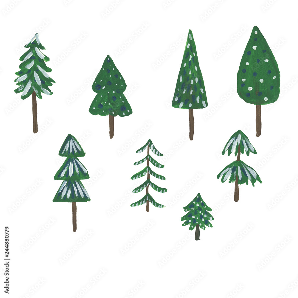Fototapeta premium Set of fir trees. Children's drawings. Hand drawn with gouache