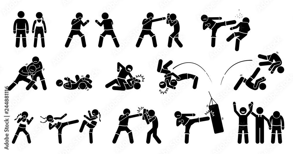 sød Lav et navn hver dag MMA mixed martial arts actions. Pictogram depicts MMA fighters with  fighting and combat techniques. These MMA male and female poses are punch,  kick, block grappling, chocking, throwing, and training. Stock Vector 